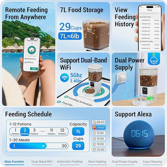 Automatic Cat Feeder with Slow Feed: 5G WiFi Automatic Dog Feeder with Smart APP Control, Auto Cat Food Dispenser with Alexa for Multiple Pets, Detachable for Easy Cleaning - 29 Cup（7L）