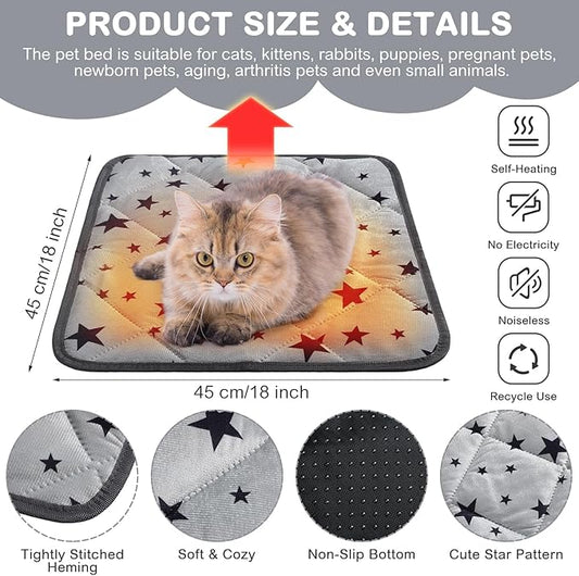 Self Warming Cat Bed Self Heating Dog Mat Star Pattern Warm Thermal Pet Pad Reflects Body Heat Washable Soft Puppy Crate Pad Anti Slip Kennel Mat for Pets(Grey,18'' L X 18'' W X 0.4'' Th)