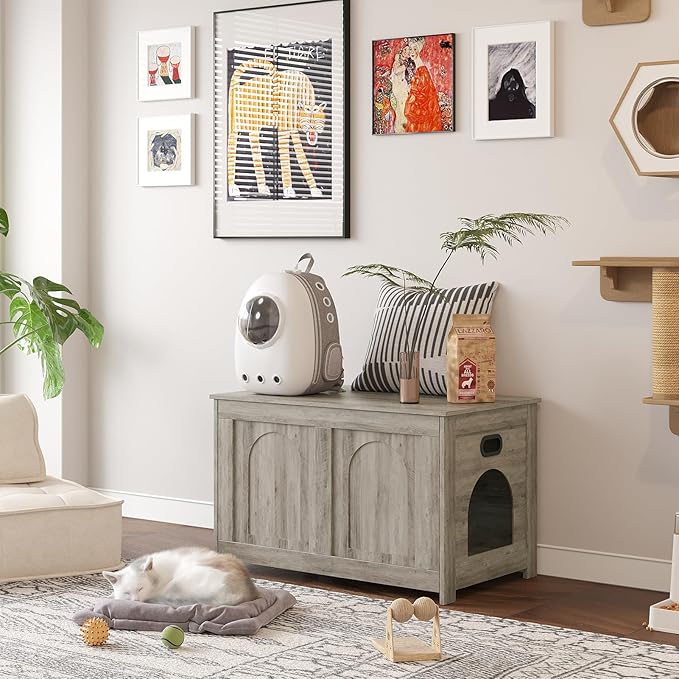 DINZI LVJ Cat Litter Box Enclosure, Flip Top Litter Box Furniture, Farmhouse Hidden Cat Washroom, Wooden Pet House, End Side Table, 31.5" L x 19.7" W x 19.7" H, Sturdy and Easy to Assemble, Gray Wash