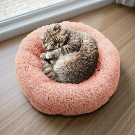 Athena Collection Washable Small Dog Bed, Cat Bed for Indoor Cats, 24 Inches Fluffy Faux Fur Round Pet Bed Calming Cozy Soft Warming Donut for Small Dog Puppy Kitten, Pink