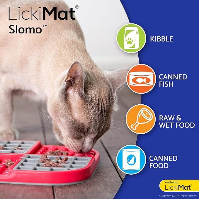 LickiMat Slomo, Cat Slow Feeder Lick Mat, Boredom Anxiety Reducer; Perfect for Food, Treats, Yogurt, or Peanut Butter. Fun Alternative to a Slow Feed Cat Bowl or Dish, Red