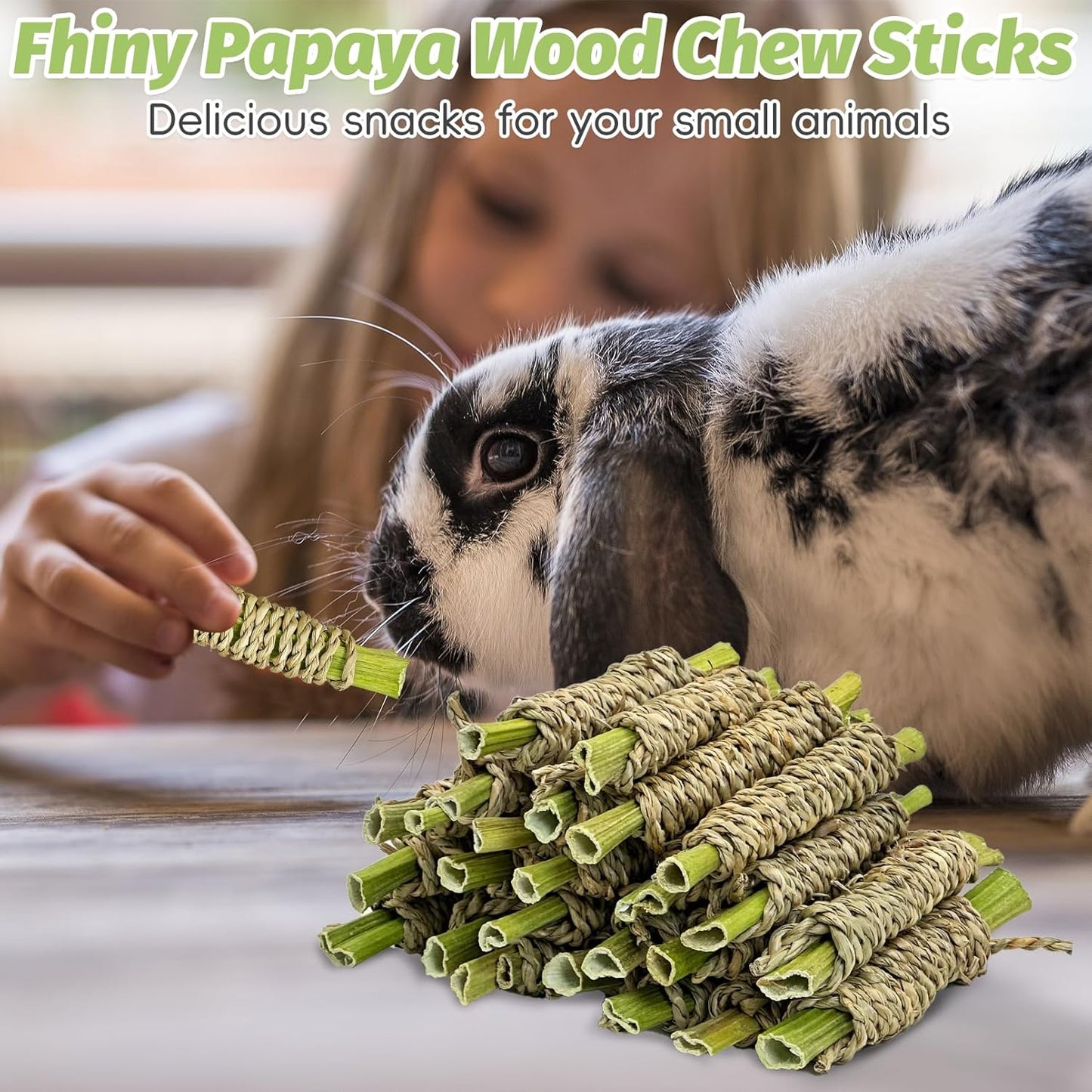 Fhiny 24 PCS Rabbit Chew Sticks, Natural Papaya Wood Seagrass Guinea Pig Chew Toys for Teeth Small Animal Molar Sticks Snacks for Bunny Guinea Pig Chinchilla Ferret Hamster Gerbil Dental Care