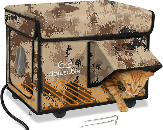 Indestructible Heated Cat House for Outside Cats Winter, 100% Weatherproof, Safe Escape Door, Insulated Outdoor Cat Shelter with Heater for Feral Barn Cat Kitty (Desert Camouflage, 12"x16"x14")