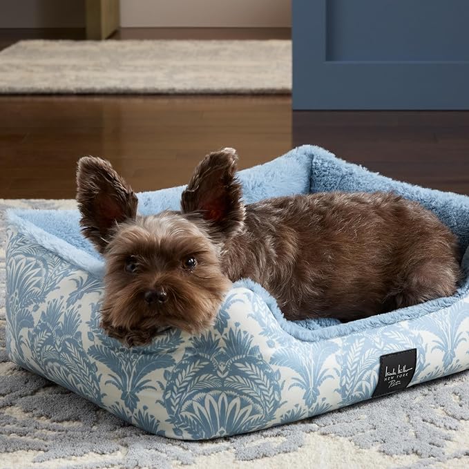 Nicole Miller New York PET Mod Damask Plushy Bolster Pet Bed, Cozy & Calming, Non-Slip Bottom, Machine Washable Cover, Blue, Extra Small 19"x15"x6"