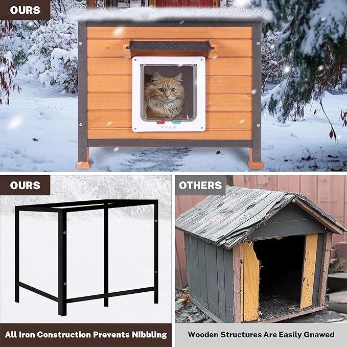 Outdoor Cat House Rainproof All Round Metal Frame Wooden Condos, Indoor and Outdoor Use for Rabbit,Small Animal Feral Cat Shelter