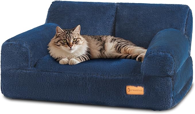 Cat Couch Bed - Cat Bed for Indoor Cats, Calming Pet Sofa Puppy Sleeping Bed with Removable Washable Cover, Cute Dog Couch and Kitty Lounge Chair for 20lbs Cats & Small Dogs(Navy Blue)