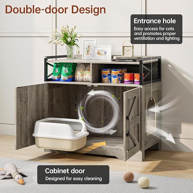 Cat Litter Box Enclosure, Ultra-Large Hidden Litter Box Furniture with Top Opening, Anti-Tipping Fence and 2 Open Drawers, Litter Box Cabinet End Table, Grey