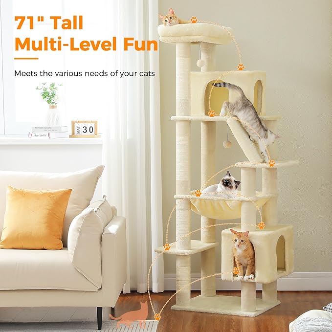 71 Inch Tall Cat Tree for Indoor Cats Large Adult, Multi-Level Cat Tower with Extra Large Hammock, 2 Cat Caves, Spacious Top Perch, Scratching Pad, Beige
