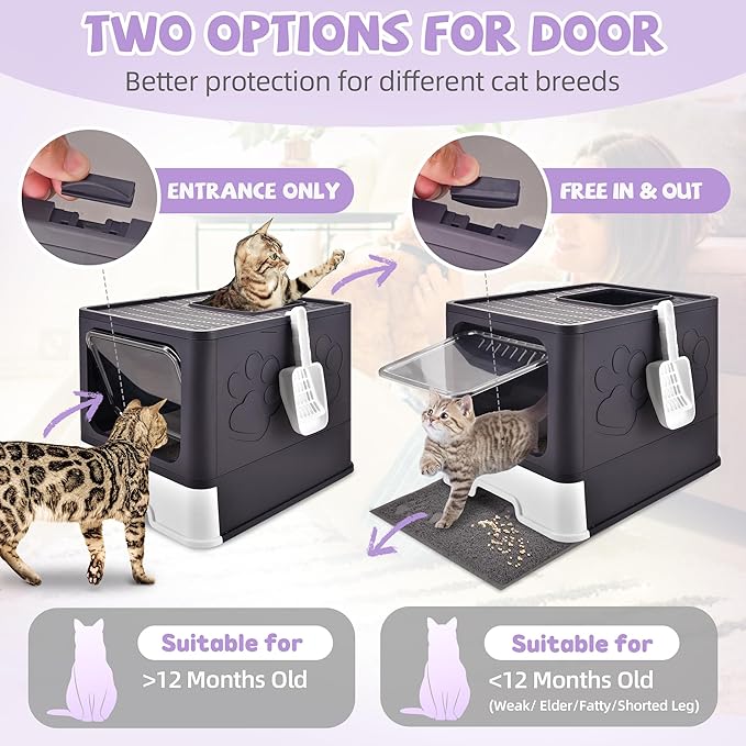 Cat Litter Box with Litter Mat, Foldable Extra Large Free in and Out/One-Way with Lid, Drawer Type Enclosed Kitty Litter Box,Odor Control Anti-Splashing Easy Cleaning (Purple)