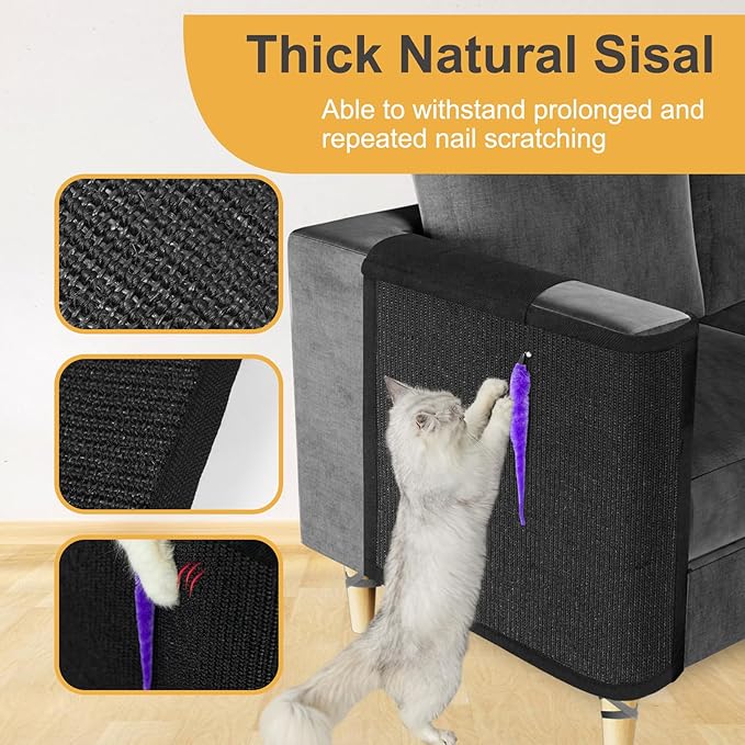 Cat Scratch Couch Protector,Cat Scratch Sofa Armest Cover with Sisal Mat and a Toy for Small Animals Indoor use 23.6’’L*19.7’’W (Black/Right Hand)