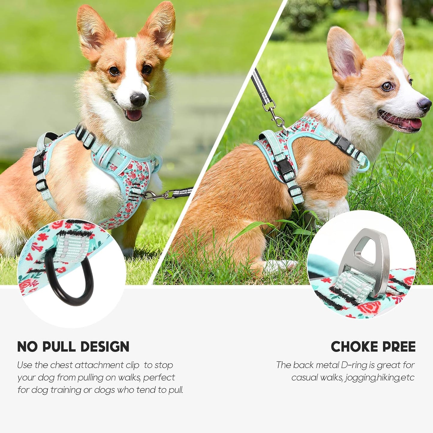 Timos Dog Harness, 3 Snap Buckles No-Pull Soft Padded Dog Vest with 2 Metal Leash Clips,Adjustable Reflective No Choke Pet Harness with Easy Control Handle for Small Dogs,Cyan,S