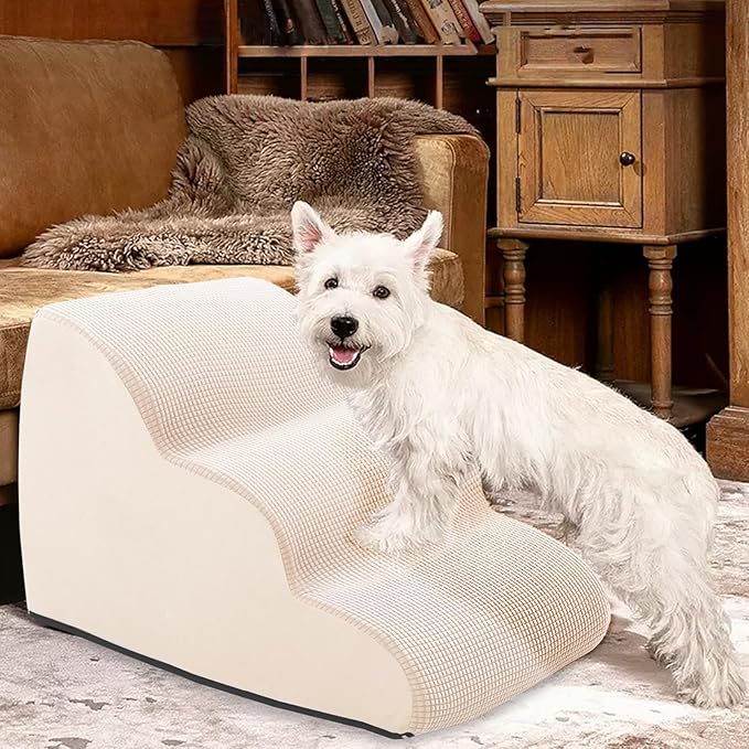 Dog Steps for Small Pets, Dog Stairs for High Beds and Couch, 16" 3-Step High Density Foam Pet Stairs for Dogs Injured, Older Dogs Cats, Pet with Joint Pain (Beige)