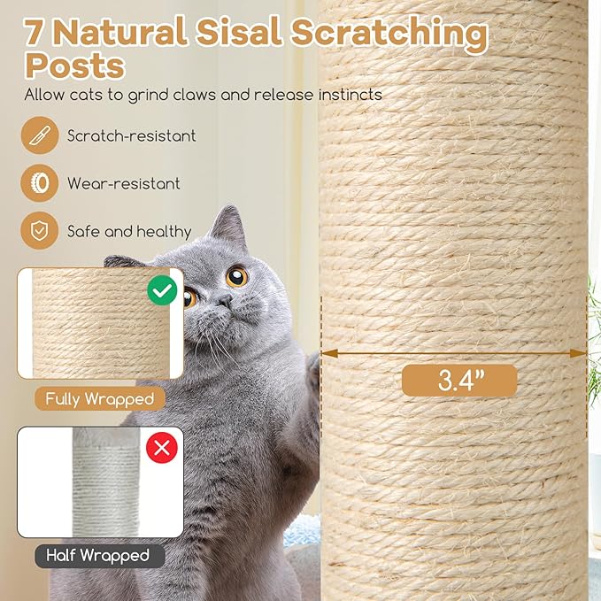 Tangkula Cat Tree Tower, 60 Inch Multi-Level Modern Wooden Cat Tower with 2-Story Condo, Sisal Scratching Posts & Mat, Perch, Hammock, Washable Plush Cushion for Indoor Cats Large Adult