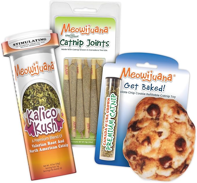 Meowijuana Get Baked Bundle | Get Baked Cookie Refillable Toy, King Size Catnip Joints, and Kalico | Hand Harvested and Rolled Dried High Potency Catnip | Grown in North America