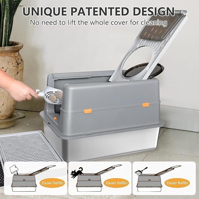 Stainless Steel Litter Box with Lid, XL Extra Large Metal Cat Litter Boxes for Big Cats Enclosed, Easy to Scoop with Litter Scoop Set, High Sides Enclosure Anti-Urine Leakage Non-Sticky, Grey