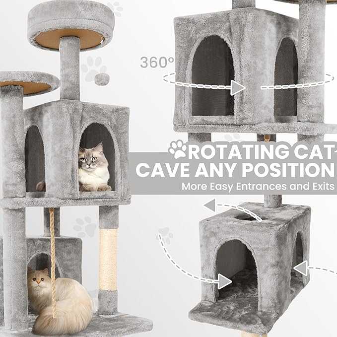 58.5inch Large Cat Tree Tower Condo for Indoor Cats, Soft Plush Multi-Level Climbing Tree Cat House with 1 360° Rotating Cat Cave, Scratching Post, More Entrance/Exit, Sisal Rope, Light Grey