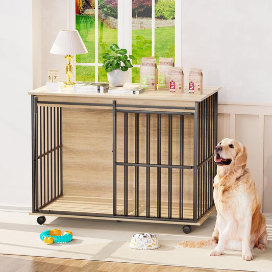 43.7" Dog Crate Furniture, XL Dog Crate Dog Kennel Indoor with Wheels for Large Medium Small Dogs, Wooden Dog Kennel End Table with Sliding Door Wooden Furniture Crates for Living Room, Bedroom