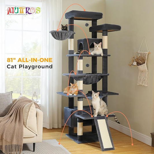 81" Heavy Duty Cat Tree for Large Cats up to 20lbs - Extra Tall Cat Tower with Metal Frame Hammock, 6 Sisal Scratching Posts, 2 Perches - Indoor Cat Furniture for Maine Coon, Dark Gray