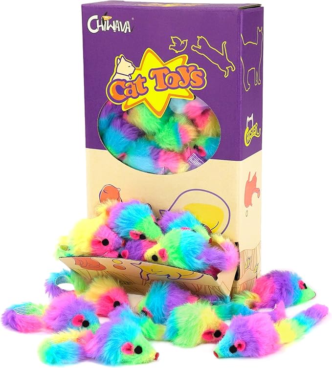 CHIWAVA 36PCS 1.8" Rainbow Color Furry Cat Toy Mice with Rattle Kitten Mouse Interactive Play