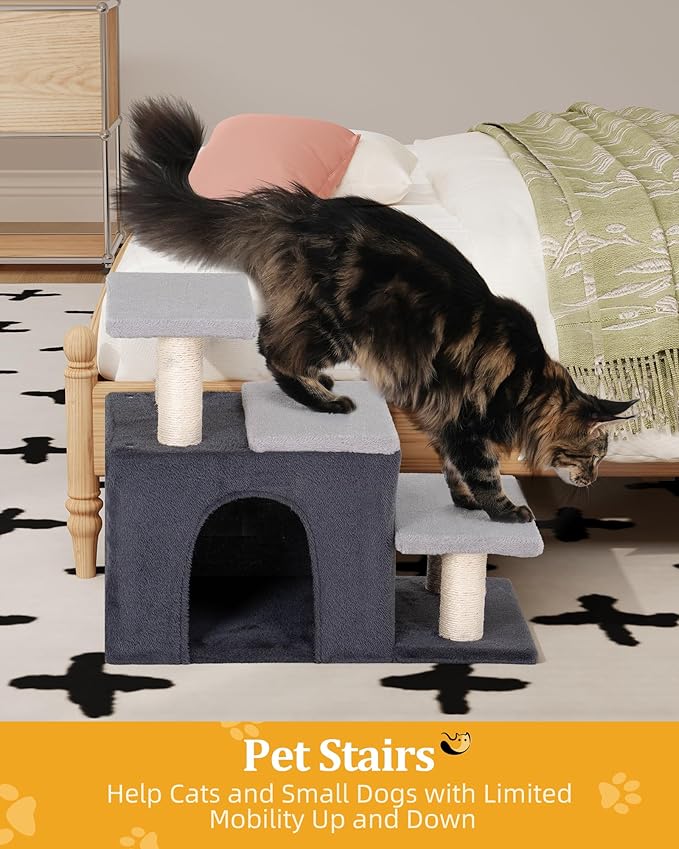 3-in-1 Pet Stairs for Cats, Dog Steps for Small Doggie,7.8'' Depth Cat Stairs,Indoor Cat Steps for High Bed for Pet's Joints, Soft Plush, 1 Big Cat Condo Cave, Sisal Scratching Posts, Grey, Large