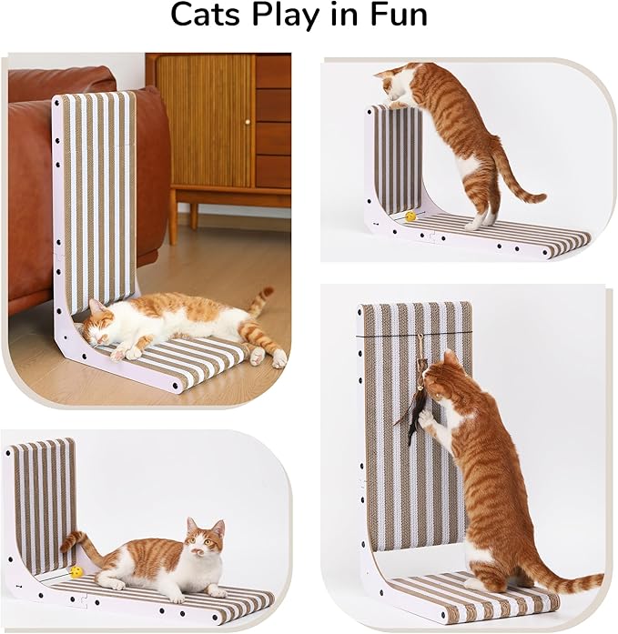 FUKUMARU Cat Scratcher, 26.8 Inch L Shape Cat Scratch Pad, Strip Pattern Cats Scratching Post Wall Mounted, Cardboard Cats Scratcher with Ball Toy for Indoor Kitty, Fun Playing Box Included, L