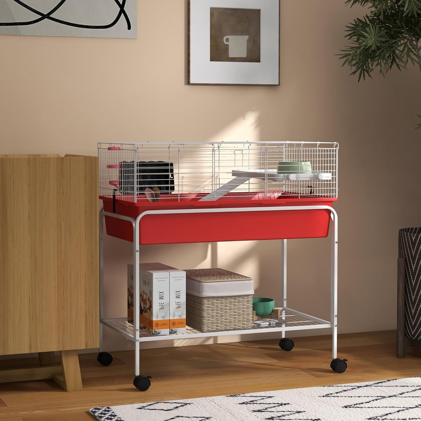 PawHut Two-Story Small Animal Cage Removable from Stand, Guinea Pig Cage with Shelf & Wheels, Pet Habitat for Hedgehog, Chinchilla, Ferret, 33" x 18.5" x 35", Red