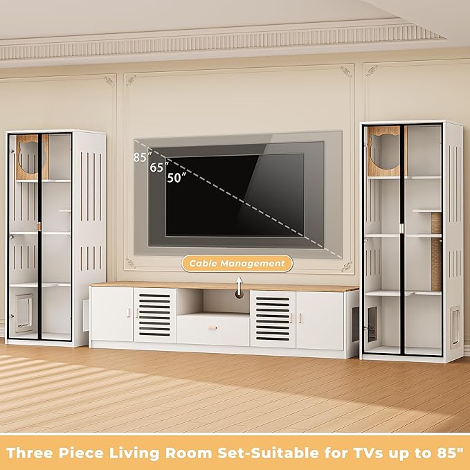 3-in-1 Cat Cabinet and TV Stand White Cat Climbing Furniture with Scratching Posts Pet Door, Modern Wooden Design with Storage and Drawer for Living Room