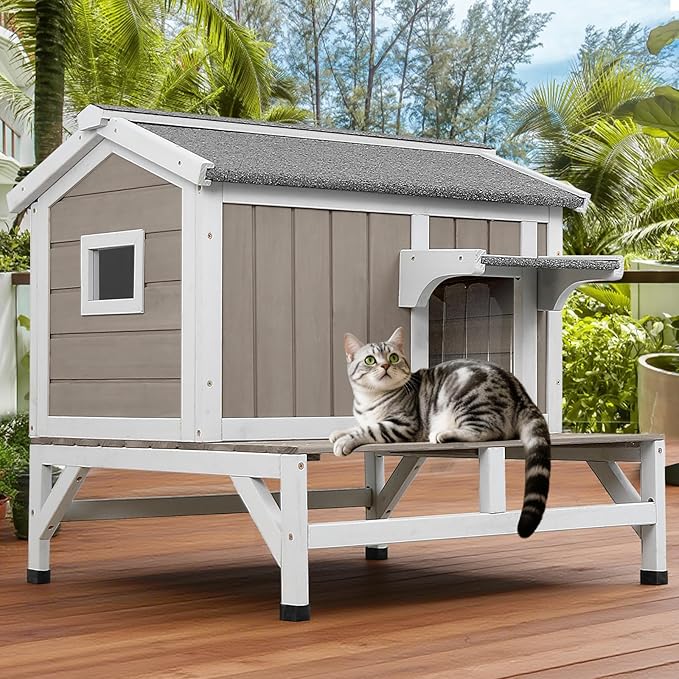 Cat Houses for Outdoor Cats with Balcony Weatherproof Outside Feral Cat Shelter, Wooden Pet House with Raised Base and Openable Asphalt Roof for Cats and Small Animals
