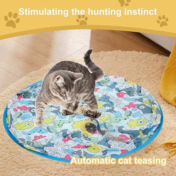 Interactive Cat Toy Ball in Pouch,Simulated Hunting Remote Control Cat Toy,Automatic Ball Fast Rolling in Play Mat, Motion Activated Chirping Hide and Seek Mouse Chasing Game Kitten Toy