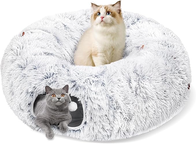 Cat Tunnel Bed for Indoor Cats, Peekaboo Cat Cave with Washable Soft Play Mat, Furry Cat Tube, for Kitten/Puppy/Rabbit, Grey
