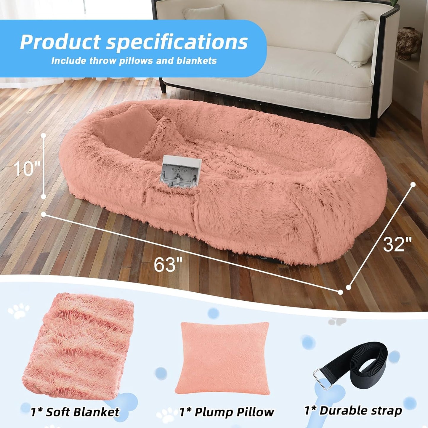 Human Dog Bed for Adults & Pets, 63"x32"x10" Faux Fur Nap Bed with Pillow, Blanket & Strap, Orthopedic Washable Lounger for Sleeping, Relaxing, Cuddling – Pink