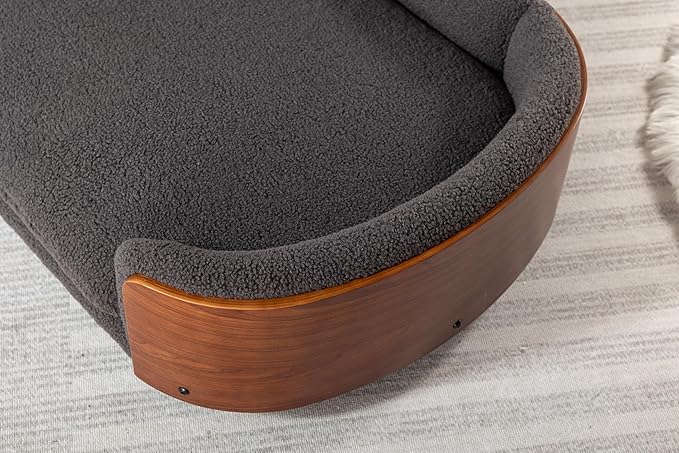 HomSof 38.58" Scandinavian Style Elevated Dog Cat Bed Pet Sofa with Solid Wood Legs and Bent Wood Back with Velvet Cushion,Large Size，Grey+Brown