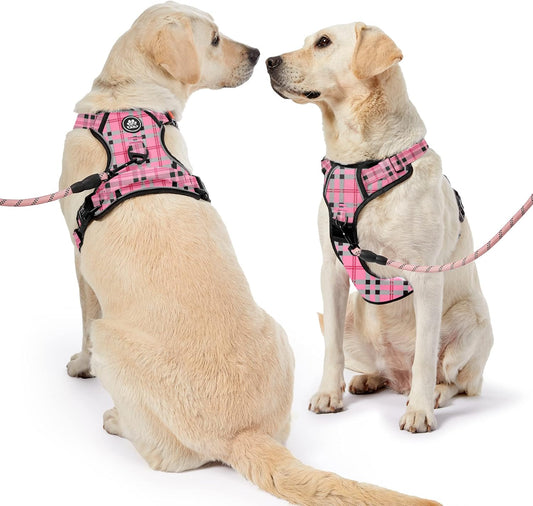 NESTROAD No Pull Dog Harness with Leash, Reflective No Choke Pet Vest Harness,Adjustable Soft Padded Dog Harness with Easy Control Handle for Large Dogs(Checkered Pink,X-Large)