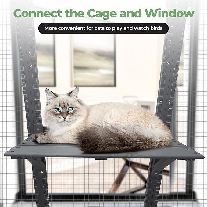 Large Stylish Wooden Catio Outdoor Cat Enclosure Cat Cage & Run Enclosures Indoor Kitty Window Catio with Waterproof Roof, 7 Platforms & 2 Resting Box, UV Resistant, 62.4" L x 32.4" W x 70" H (Grey)