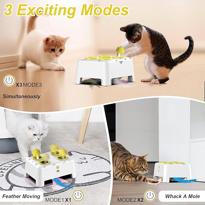 Cat Toys, Interactive Cat Toys, 2-in-1 Moving Concealed Feathers, 4 Holes Mice Whack A Mole Cat Kitten Toy Exercise Toys for Indoor Bored Adult Cats, USB Rechargeable Electronic Kitten Toys (White)