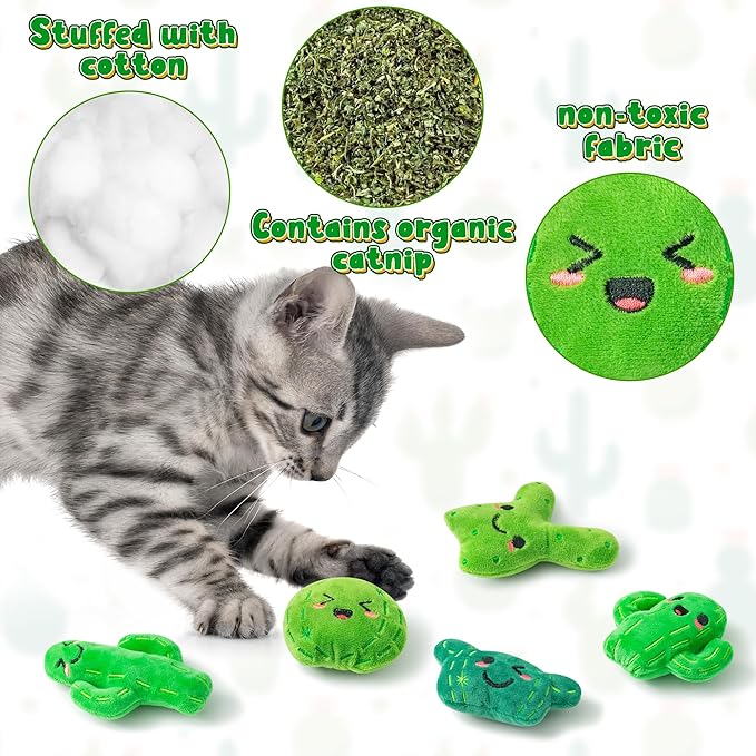 MALLMALL6 Catnip Toys for Cat - 5Pcs Cactus Prickly Plants Catmint Interactive Kitten Toy for Indoor Cats, Cute Soft Green Pet Supplies for Kitty Lover Gifts, Kitten Teething Chew Presents Set