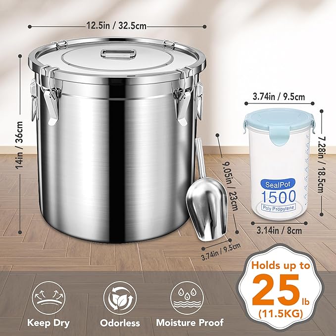 Dog Food Storage Containers, Large Stainless Steel Pet Food Storage Containers 25 lb / 11.5 kg to Keep Fresh, Metal Airtight Cat Food Containers With Scoop and 2 Small Containers