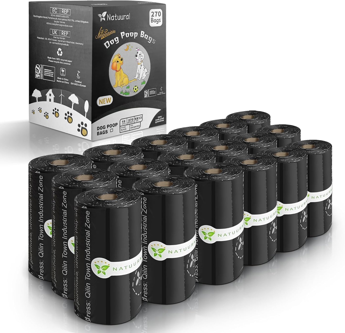 Certified Compostable Dog Poop Bags-270 Bags 18Rolls, Poop Bags for Dogs Made of Cornstarch - ASTM D6400 By USA, Leakproof Easy Open, Unscented Dog Waste Bags (Black)