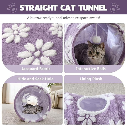 Straight Cat Tunnel for Indoor Cats 47"x12", Cute Cat Toys Collapsible Tunnel Tube with Balls for Puppy Kitten Rabbit, Purple Flower