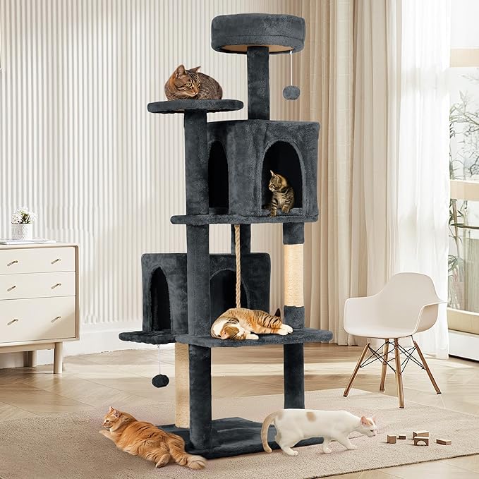 58.5inch Large Cat Tree Tower Condo for Indoor Cats, Soft Plush Multi-Level Climbing Tree Cat House with 1 360° Rotating Cat Cave, Scratching Post, More Entrance/Exit, Sisal Rope, Grey Black