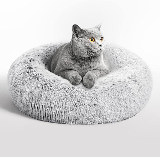 Love's cabin Calming Cat Bed for Indoor Cats, Anti-Anxiety Donut Round Dog Bed, Fluffy Faux Fur Washable Pet Bed for Small Medium Dogs and Cats,Grey,20in
