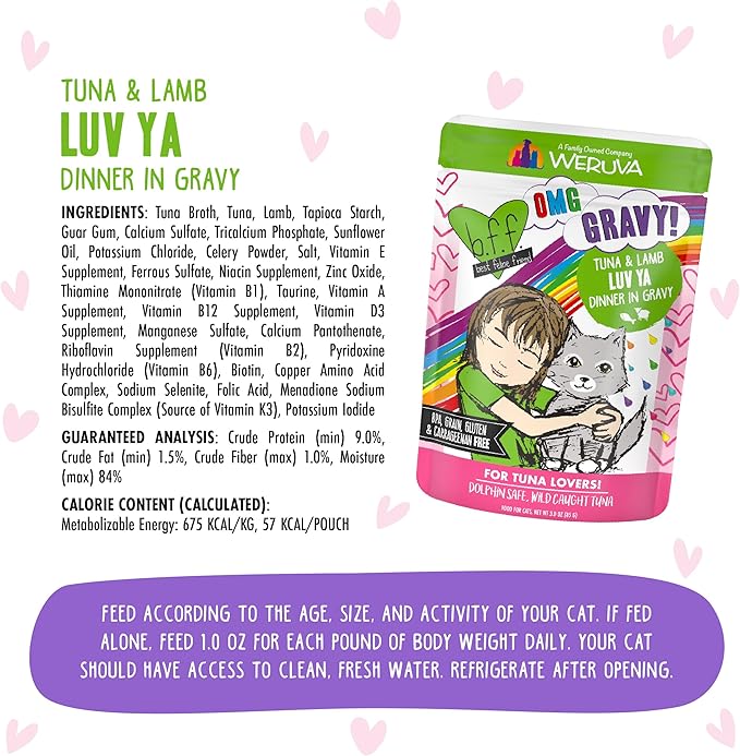 Weruva B.F.F. OMG - Best Feline Friend Oh My Gravy!, Tuna & Lamb Luv Ya with Tuna & Lamb in Gravy Cat Food, 3oz Pouch (Pack of 12)
