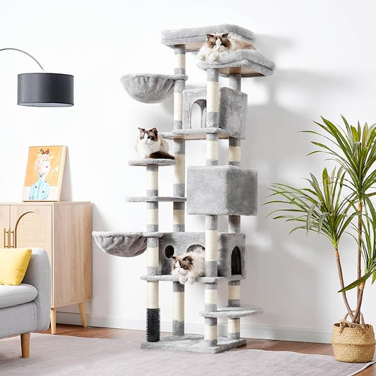 Hey-brother Cat Tree, 74 inches Multi-Level XL Large Cat Tower for Indoor Cats with Three Cat Condos, Two Large Top Decks and Cat Hairbrushfor Kittens, Cats and Pets, Light Gray MPJ035-MW
