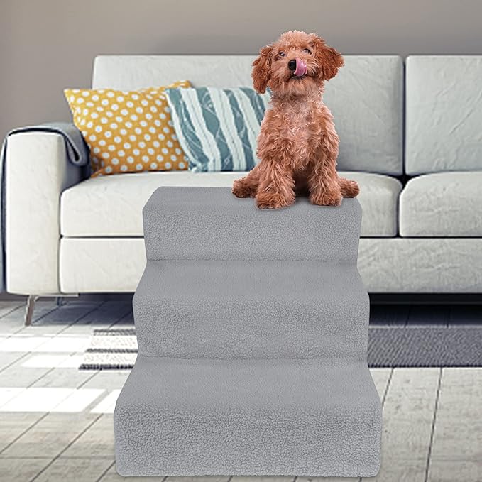 yofit Doggy Steps - Non-Slip 3 Steps Pet Stairs for Cats and Dogs, Foldable Plastic with Washable Carpet Holds Up to 50 lbs (Gray)