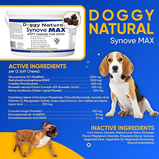 Synove Max Soft Chews for Dogs (240 Count) Beef Flavor, Joint Supplement, Glucosamine, Turmeric, Boswelllia serrata, Creatine Naturally Derived Ingredients better than synovi g4 soft chew