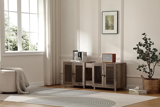 Double Cat Litter Box Enclosure for 2 Cats,Modern Double Litter Box Furniture with 7 Colors LED and Built-in Power Outlet,Large Cozy Cat Home,4 Glass Doors for Better Viewing,Grey