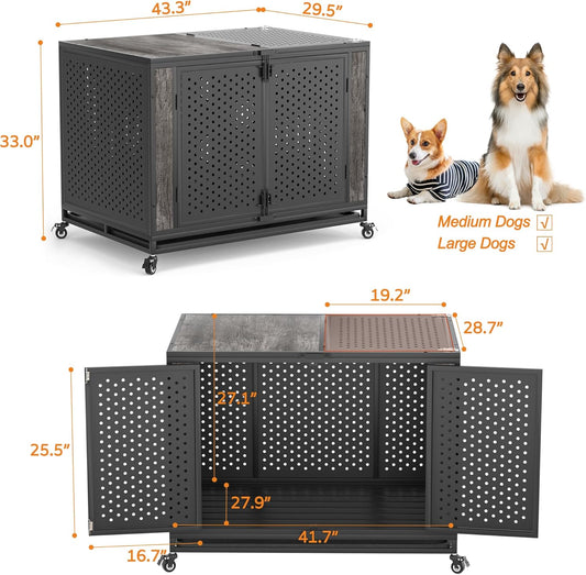 42" Heavy Duty Dog Crate Furniture for Medium and Large Dogs, Enclosed Design with 0.5 inch Holes, Indestructible Metal Kennel for High Anxiety Dogs, Chew Proof Indoor Pet House Cage, Gray