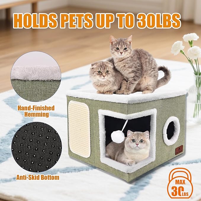 Cat Beds for Indoor Cats - Foldable Cat Hideaway with Hanging Fluffy Ball and Scratch Pad, Large Cat Bed Cave with Reversible Cushion for Multi Small Pet Kitten, Green