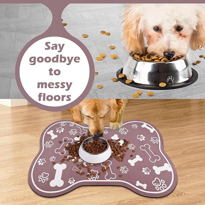 Dog Cat Mat for Food and Water,Rapid Absorbent Pet Feeding Mat, Bone Shaped Dog Placemat Bowl Mat with Rubber Backing,No Stains Pet Food Mats Indoor, Pet Accessories Supplies,Brown 16"×24"