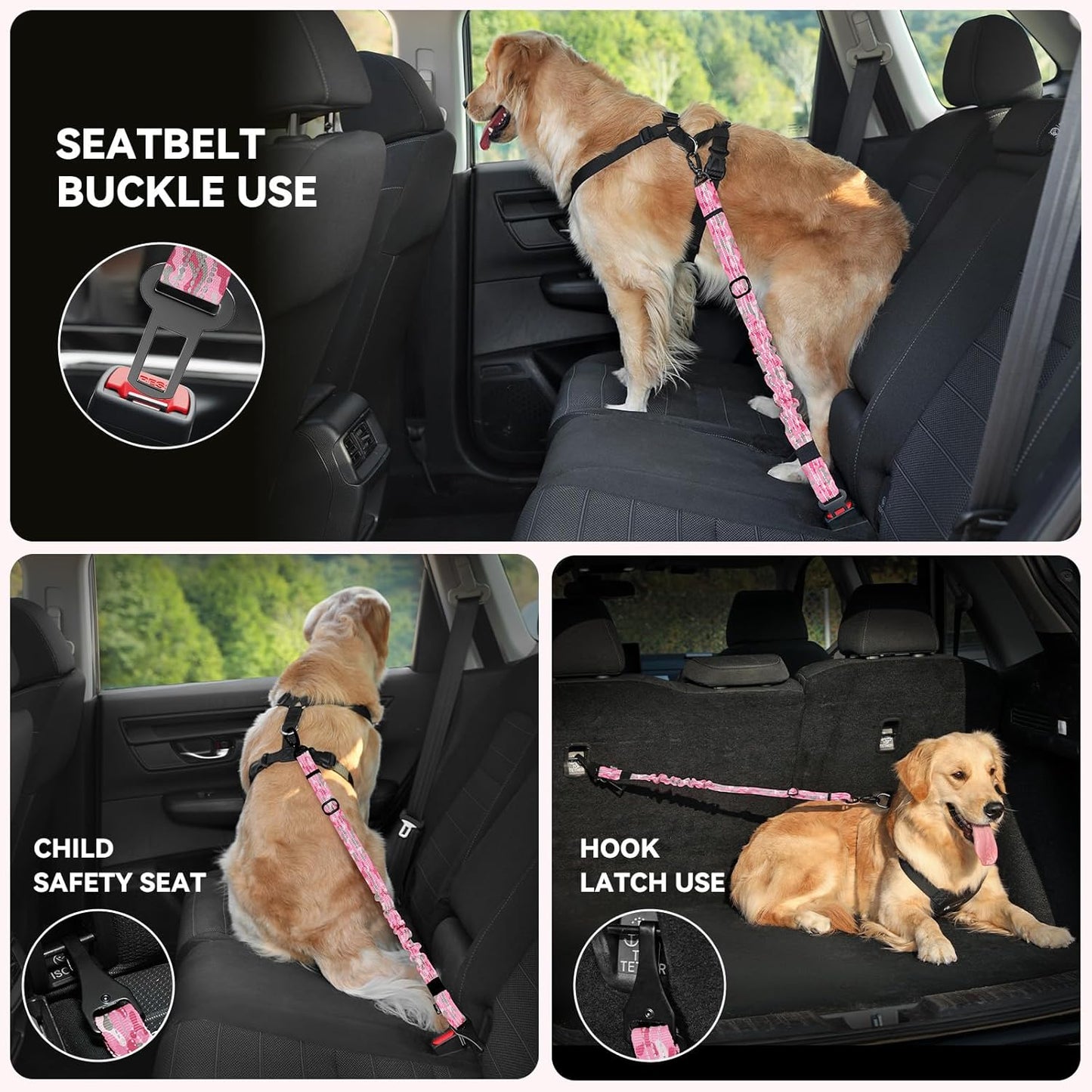 Pawaboo 2Pack Dog Seatbelt for Car, Dog Car Seat Belt Bungee, Dogs Tether for Cars with Buckle & Hook Latch, Adjustable Reflective Dogs Cars Harness Leash with 360° Lockable Buckle, Pink Camouflage